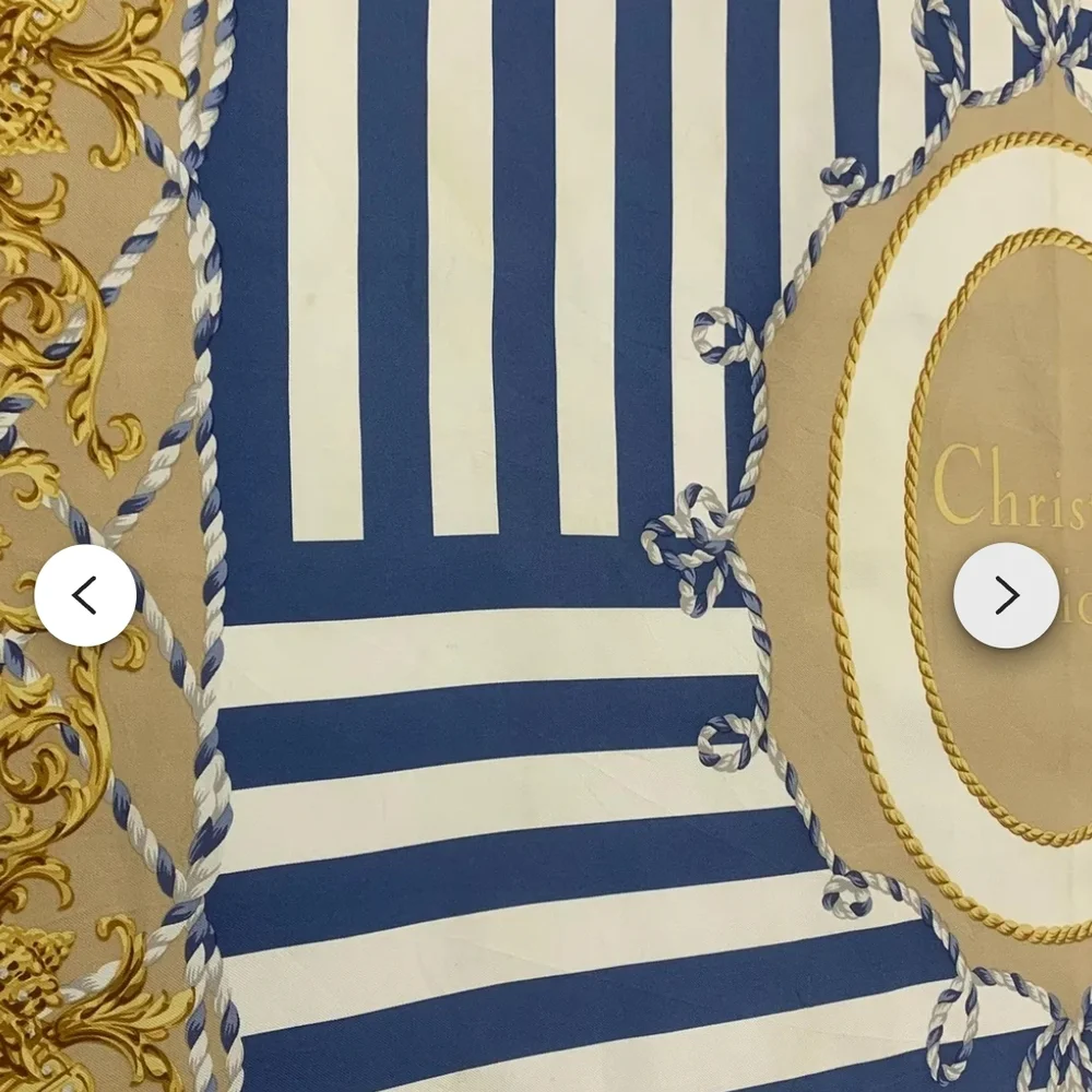 Vintage Christian Dior Beige Blue and Gold Silk Scarf